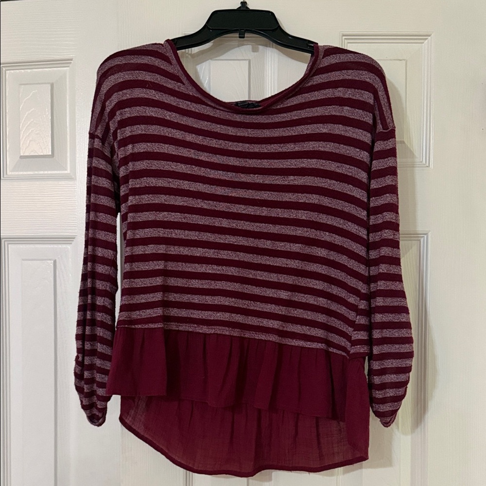 Striped Burgundy and Heather Gray Ruffle-Hem Tunic Top